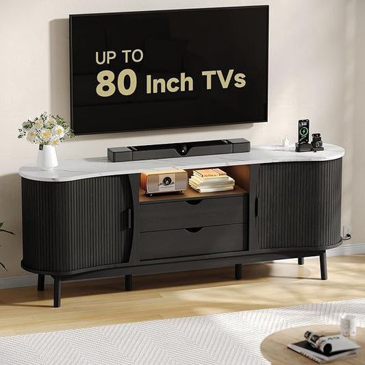 ONBRILL 70 Inch Fluted TV Stand for TVs up to 80 Inch, Curved Entertainment Center with LED Light, Power Outlet, Storage, Mid Century Modern Media TV Console Table for Living Room, Bedroom, Black