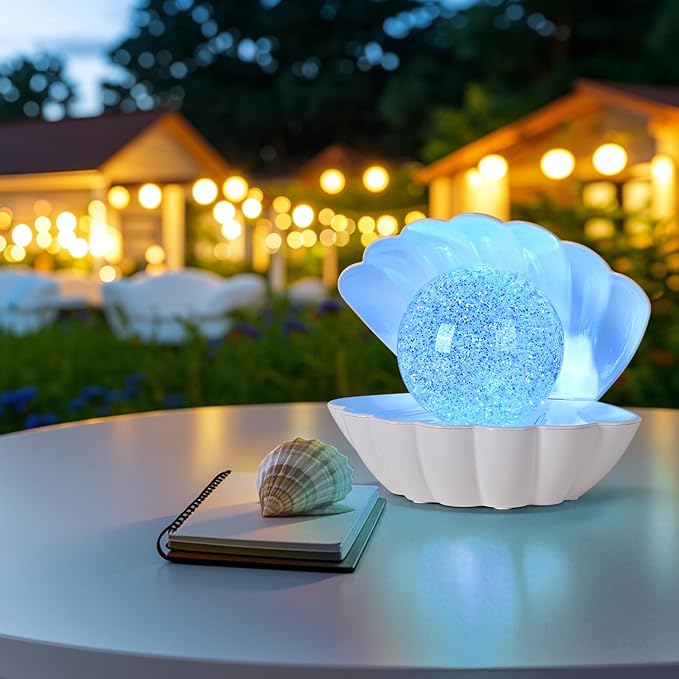 LKUA Shell Pearl Beach Themed Night Light, RGB 8 Colors Changing Mood Shell Pearl Lamps, Bedside LED Clamshell Portable Night Lights for Bar (Large White Shell)