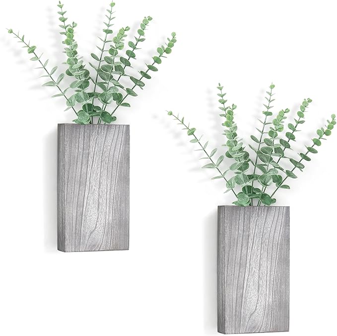 Dahey 2 Pack Wood Wall Planter Vase with Artificial Eucalyptus Farmhouse Wall Hanging Decor Pocket Planter for Indoor Fake Plants Greenery, Living Room Bedroom Kitchen Home Office Decoration, Grey