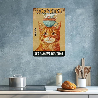 Metal Signs Ginger Tea Cat Vintage Signs Retro Aluminum Tin Sign for Toilet Washroom Garden Home Bar Cafe Decor 8x12 Inch