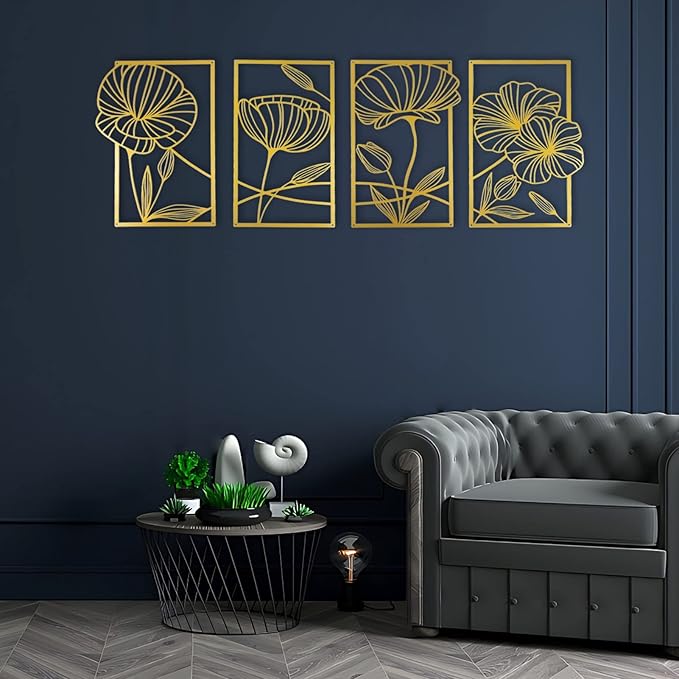 ESTART 4 Pieces Metal Lotus Wall Decor Abstract Floral Aesthetic Splicing Line Art Minimalist Wall Decor for Bedroom Flowers Hanging Wall Sculpture for Living Room Kitchen Office and Yoga Room (Gold)