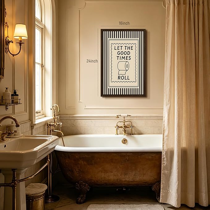 Cyebmo Funny Bathroom Wall Art, Let The Good Times Roll Toilet Paper Wall Decor, Black Beige Farmhouse Bathroom Poster Print, Modern Minimalist Artwork for Restroom Washroom Wood Framed 12x16 Inch