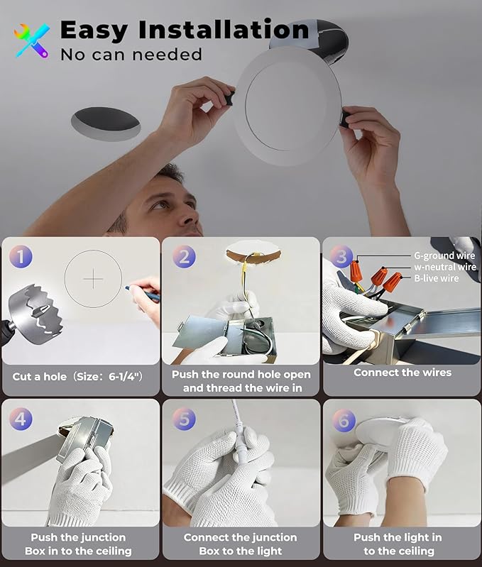Smart Recessed Lighting 6 inch, 16 Million Colors, 1200LM, Wi-Fi Bluetooth Direct Connect RGBCW Canless Recessed Lighting with Junction Box with Alexa & Google Assistant for Whole Home Lighting,6-Pack