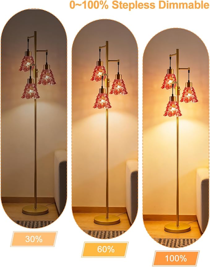3-Light Modern Glass Floor Lamp, Gold Standing Tall Lamp with Deep Red Pinecone Glass Shade, Dimmable LED Floor Lamp with 5Lbs Heavy Base for Living Room Bedroom Home Decor, Bulb Included