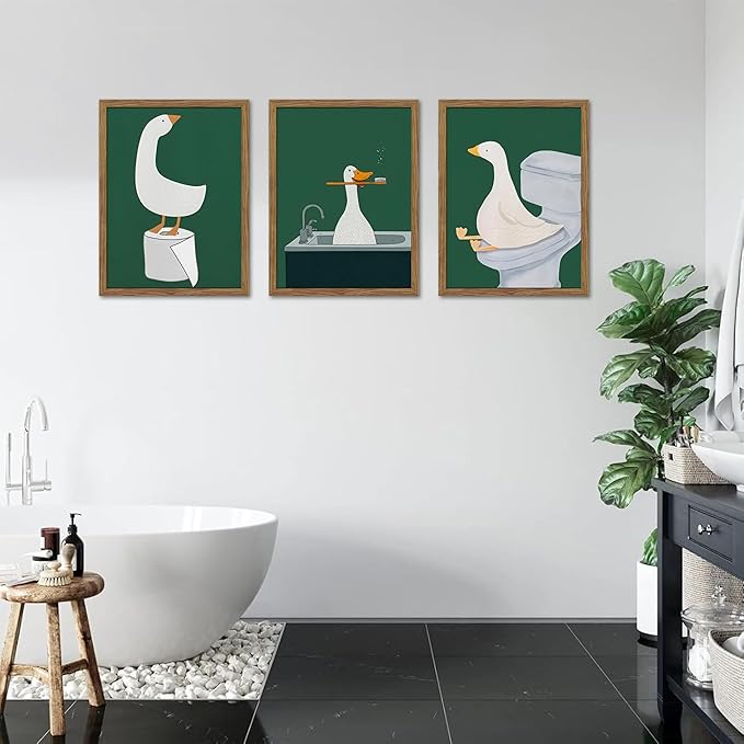 Framed Silly Goose Wall Art Bathroom Art Wall Decor Set of 3, Funny Gooses Poster Print, Dark Green Nursery Decor, Cute Animal Pictures Canvas for Kids Bathroom Washroom – 12x16 inch