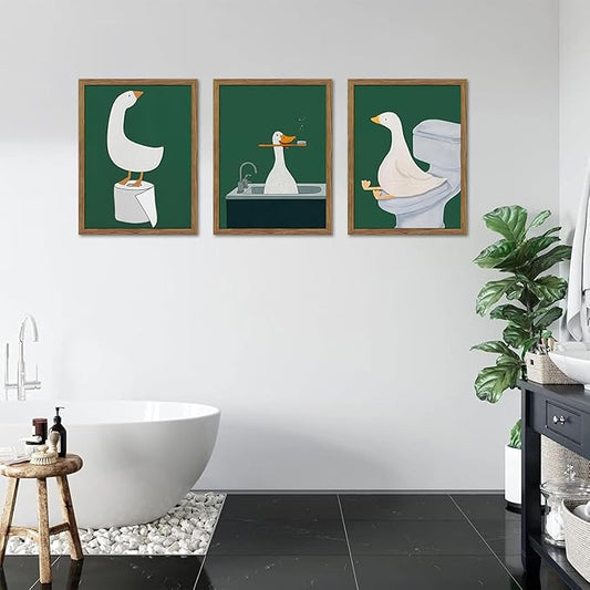 Framed Silly Goose Wall Art Bathroom Art Wall Decor Set of 3, Funny Gooses Poster Print, Dark Green Nursery Decor, Cute Animal Pictures Canvas for Kids Bathroom Washroom – 16x24 inch