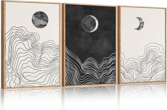 HLNIUC Black and White Abstract Wall Art Set of 3, Large Boho Framed Canvas Decor(16x24), Modern Celestial Sun Moon Painting, Geometric Line Mountain Art Print for Living Room, Bedroom, Office