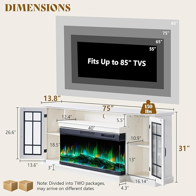 AMERLIFE 75in 3-Sided Glass Fireplace TV Stand for TVs up to 85", Rustic Fireplace Media Entertainment Center Console Table Cabniet with Glass Door Closed Storage, Distressed White