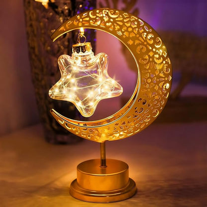 Gold Moon Table Night Light with Hanging Star Ramadan Decorative Lamp Battery Operated Suitable for Home Bedroom Shop Dining Table Holiday Party Eid Festival Decoration (Gmoon-WW-Star)