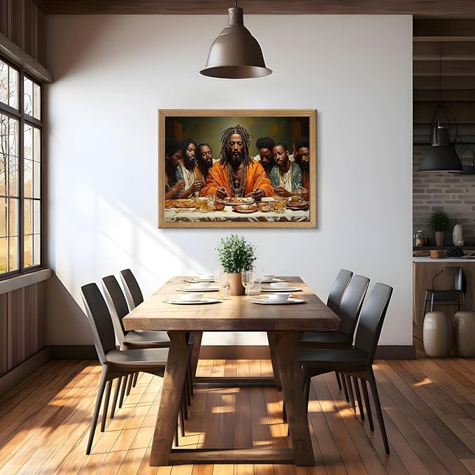 Framed Modern Black Jesus Canvas Wall Art African American The Last Supper Painting Picture Wall Decor Black Man Christian Poster Print Artwork for Kitchen Dining Living Room Bedroom Home Decor16x24in