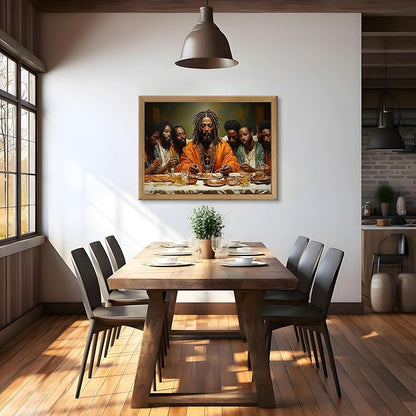 Framed Modern Black Jesus Canvas Wall Art African American The Last Supper Painting Picture Wall Decor Black Man Christian Poster Print Artwork for Kitchen Dining Living Room Bedroom Home Decor16x24in