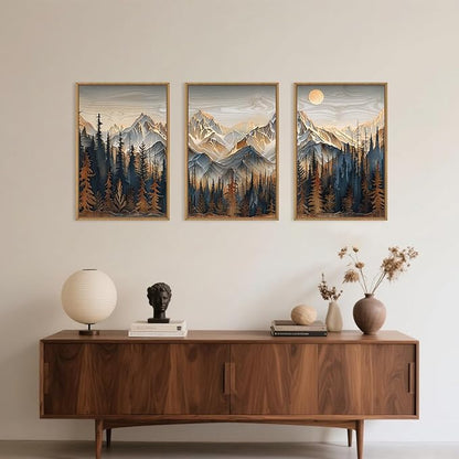 Mountain Wood Framed Canvas Wall Art Set,Rustic Pine Trees Wall Painting,Boho Ridge Scenery Wall Decor,Natural Sun Landscape Art Print for Living Room,Bedroom,Dining Room,Office-24 x36 x3
