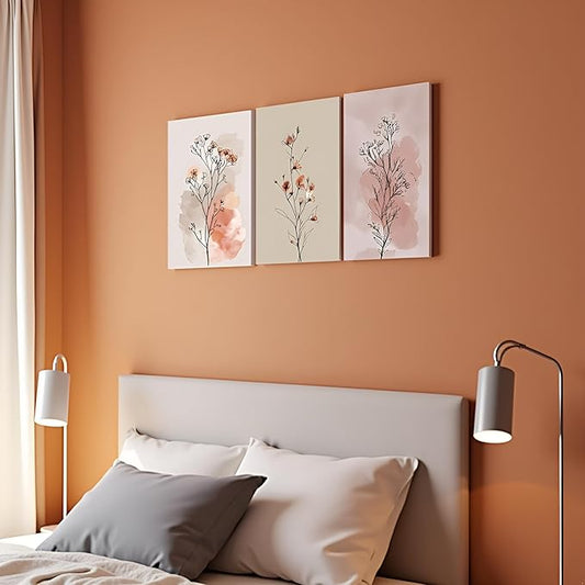okudolit Boho Vintage Flower Wall Art Set of 3 Minimalist Floral Botanical Prints Rustic Wildflower Wall Decor Beige and Pink Neutral Plant Painting for Living Room Bedroom Office-12x16in