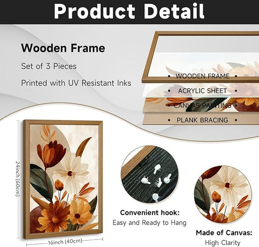 Boho Flower Wall Art Vintage Abstract Floral Prints Botanical Canvas Wall Decor Flower Farmhouse Pictures Fall Plant Poster Rustic Autumn Floral Artwork for Bedroom Living Room 16x24x3 Inch Framed ﻿