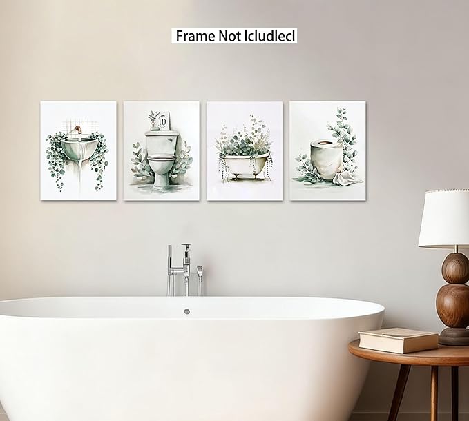 Frimeeme Unframed Green Botanical Bathroom Wall Art Decor,Boho Botanical Eucalyptus Watercolor Prints,Set of 4, 8x10 Inches