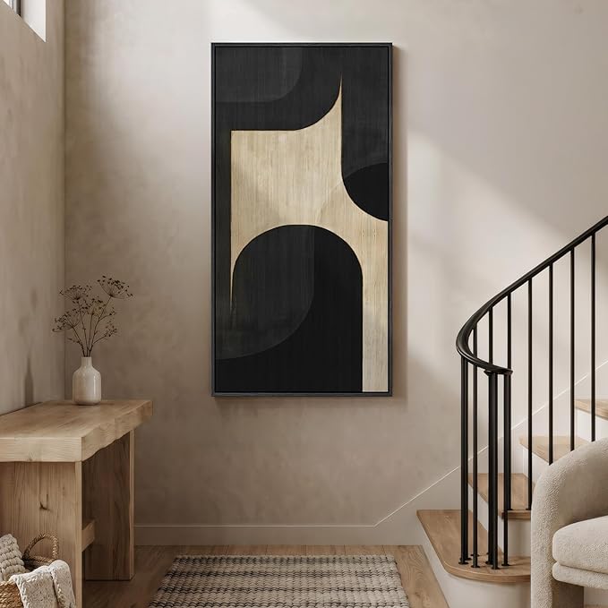 Large Framed Neutral Abstract Wall Art, Black Beige Vertical Canvas Prints Paintings Artwork for Walls, Modern Minimalist Geometric Pictures Wall Decor for Hallway Living Room Bedroom Entryway 30x60
