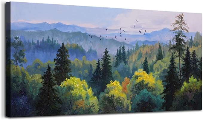 Ardemy Forest Landscape Canvas Painting 40"x20" - Nature Wall Art Picture of Mountain Textured Green Tranquil Artwork Framed Large for Living Room Bedroom Dining Room Home Office Wall Decor