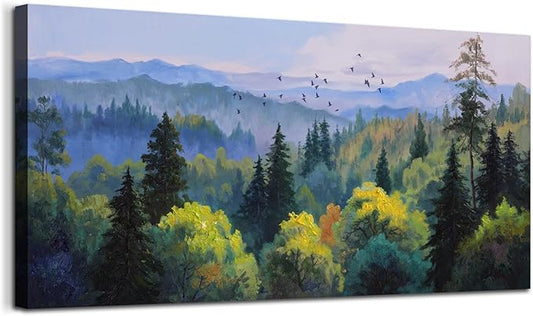 Ardemy Forest Landscape Canvas Painting 40"x20" - Nature Wall Art Picture of Mountain Textured Green Tranquil Artwork Framed Large for Living Room Bedroom Dining Room Home Office Wall Decor