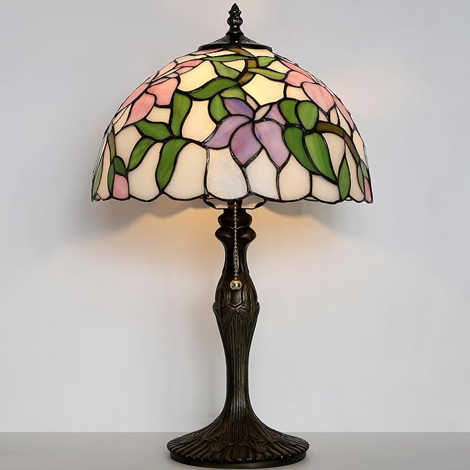 Tiffany Lamp Stained Glass Table Lamp Bedside Reading Lamp 12 x 19” Pink Flower Style Decorative Lamp for Desk Study Living Room Bedroom Office Decor Gift