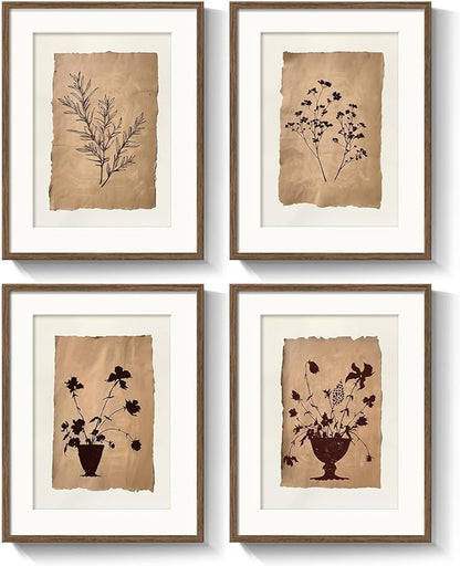 Framed Vintage Botanical Wall Art for Bedroom, 4 Piece Floral Brown Farmhouse Bathroom Picture Prints, Neutral Rustic Minimalist Botanical Artwork for Dining Room Fireplace Apartment Walls, 11x14 In
