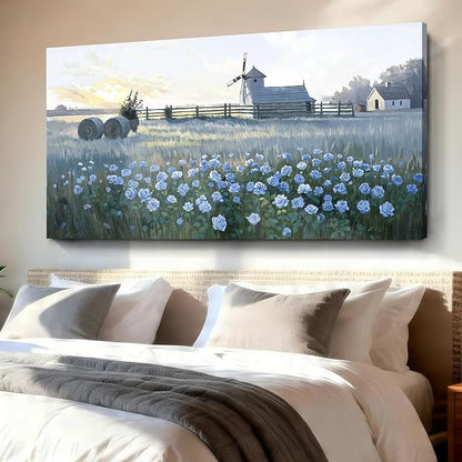 Large Framed Rustic Farmhouse Wall Art, Blue Flower Field Windmill Landscape Canvas Print, Modern Nature Country Decor Painting For Living Room Bedroom Bathroom Home Office, Ready To Hang 48X24 Inch