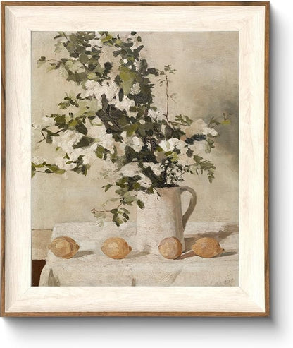 ASTRDECOR Framed Vintage Wall Art, Farmhouse Wall Decor White Flowers Canvas Oil Painting, Vintage Kitchen Decor Floral Wall Art Lemon Botanical North Art Prints for Kitchen Bedroom - 10''x 12''