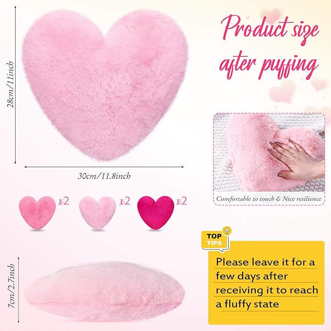Liliful 6 Pcs Faux Rabbit Fur Heart Pillows Fluffy Heart Throw Pillows Cute Couch Cushion Soft Decorative Throw Cushion for Bed Sofa Girls Women(12 x 11 Inch,Lively Color)