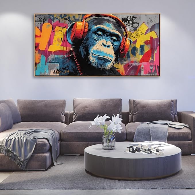 Sorbrozo DJ Gorilla with Headphones - Vibrant Street Graffiti Canvas Wall Art Colorful Animal Painting for Boys Room Music Themed Home Decor 20x40in