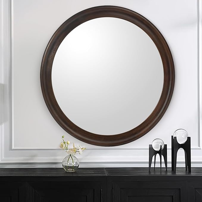 CULER Round Wall Mirrors 24 Inch,Wood Rustic Decorative Transitional Mirror with Walnut Frame for Wall,Farmhous Mirror for Bathroom Bedroom Living Room or Entryway（Dark Brown）