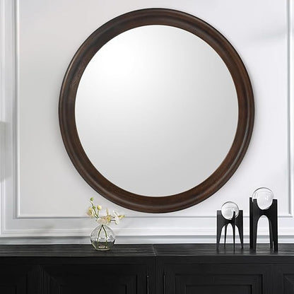 CULER Round Wall Mirrors 24 Inch,Wood Rustic Decorative Transitional Mirror with Walnut Frame for Wall,Farmhous Mirror for Bathroom Bedroom Living Room or Entryway（Dark Brown）