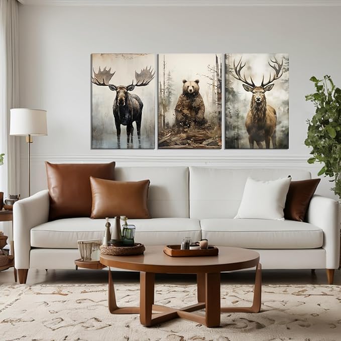 Woodland Animal Canvas Wall Art 3 Piece - Moose Elk Bear in Forest Picture Vintage Painting Rustic Farmhouse Wildlife Prints Home Wall Decor Framed(Art-2,11.00"x14.00"x3P)