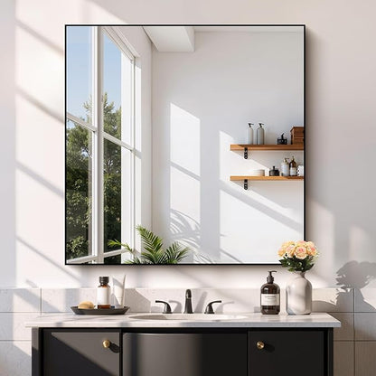 COFENY Black Bathroom Mirror for Wall, 39x39 Inch Rectangle Mirror with Metal Frame, Square Modern Vanity Mirrors for Bathroom Living Room, Entryway Hangs Horizontal or Vertical