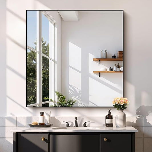 COFENY Black Bathroom Mirror for Wall, 39x39 Inch Rectangle Mirror with Metal Frame, Square Modern Vanity Mirrors for Bathroom Living Room, Entryway Hangs Horizontal or Vertical