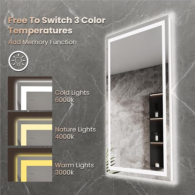 Snowdool 20"X28" LED Bathroom Mirror with Front Lights and Backlit, Anti-Fog, Dimmable, Shatter-Proof Tempered Glass, Lighted Bathroom Vanity Mirror for Wall with 3 Colors, Memory Function