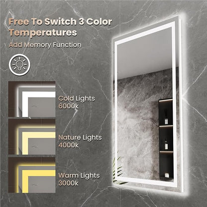 Snowdool 20"X28" LED Bathroom Mirror with Front Lights and Backlit, Anti-Fog, Dimmable, Shatter-Proof Tempered Glass, Lighted Bathroom Vanity Mirror for Wall with 3 Colors, Memory Function