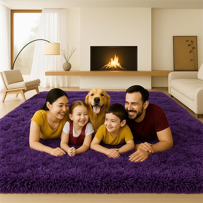8x10 Area Rugs Living Room, Purple Large Plush Fluffy Bedroom Carpet, Non-Slip Upgraded Indoor Thick Soft Rug, Modern Plush Carpet Suitable for Kids Home Decor Aesthetics Dorm.