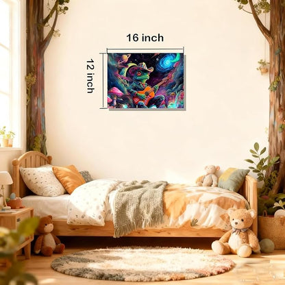 12x16 Trippy Space Frog Canvas Wall Art, Colorful Framed Cosmic Funny Guitar Player Kids Trippy Room Decor Teen Boys Bedroom Cool Posters Children Home Prints Painting for Living Room Bathroom Entry