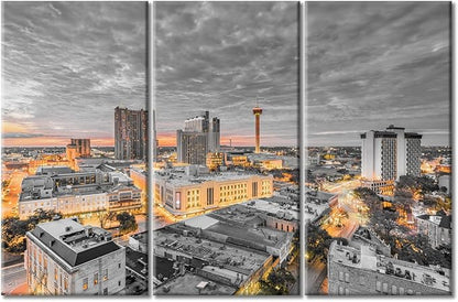 TUMOVO 3 Panels San Antonio Texas Nighttime Lightscape Modern Home Decor Beautiful City Skyline Canvas Paintings for Bedroom, Living Room, Office. Posters and Prints Framed Ready to Hang (42" Wx28 H)