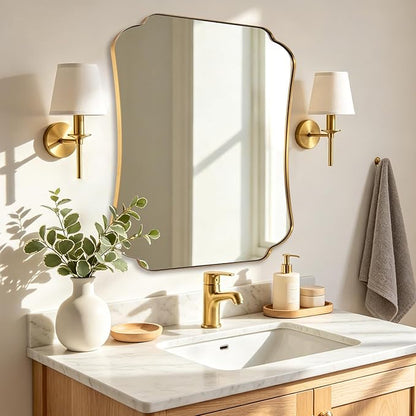 ANDY STAR 24"x30" Gold Mirror, Brushed Brass Scalloped Wall Mirror, Bathroom Wall Mirror with Stainless Steel Metal Framed Ideal for Bedroom, Hallway