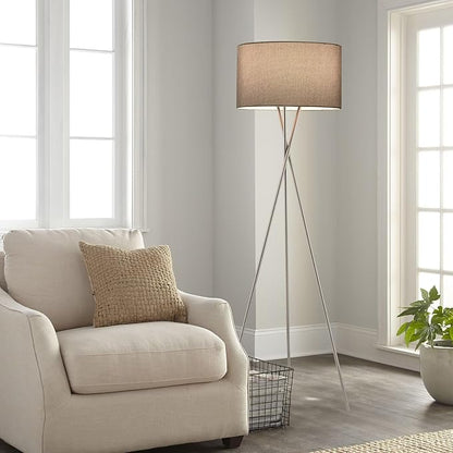 Kira Home Sadie 60" Modern Tripod Floor Lamp with Gray Linen Drum Shade, Mid Century Cross-Leg Standing Light with 9W LED Bulb, Brushed Nickel Finish