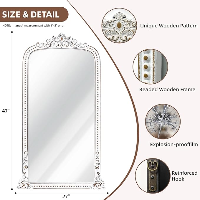 HOITUZYUS French Vintage Statement Full Length Mirror: 47x27 Inch Baroque Arched Floor Mirror - Wooden Ornate Long Body Mirrors Home Decor for Wall, Dressing Room, Bedroom, Cloakroom, Entryway