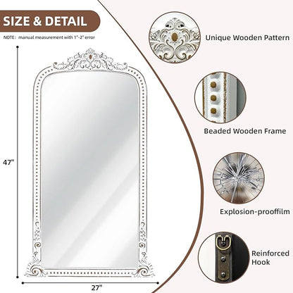 HOITUZYUS French Vintage Statement Full Length Mirror: 47x27 Inch Baroque Arched Floor Mirror - Wooden Ornate Long Body Mirrors Home Decor for Wall, Dressing Room, Bedroom, Cloakroom, Entryway