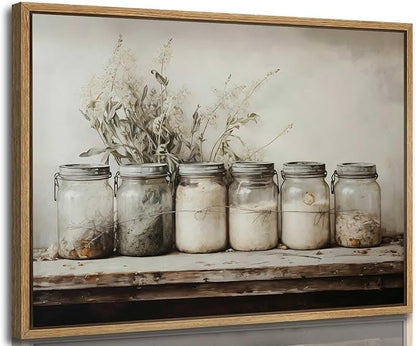 Floating Framed Kitchen Wall Art Vintage Mason Jar Wall Decor Rustic Farmhouse Culinary Still Life Canvas Prints Painting Botanical Herb Spice Poster Pictures for Dining Room Living Room 12x16 Inch