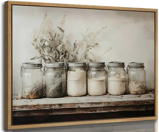 Floating Framed Kitchen Wall Art Vintage Mason Jar Wall Decor Rustic Farmhouse Culinary Still Life Canvas Prints Painting Botanical Herb Spice Poster Pictures for Dining Room Living Room 12x16 Inch