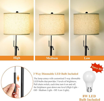 Qingmiao Adjustable Height Floor Lamp for Living Room, Black Standing Lamp for Bedroom Office, Modern Tall Lamp with Linen Shade, 3-Way Dimmable 8W 3000K LED Blub Included (Black)
