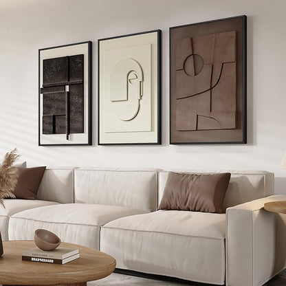 3D Textured Framed Abstract Wall Art, 3 Piece Modern Paintings Artwork for Walls, Black White Brown Geometric Sandstone Texture Pictures for Living Room Dining Room Bedroom Office Wall Decor 16x24 In