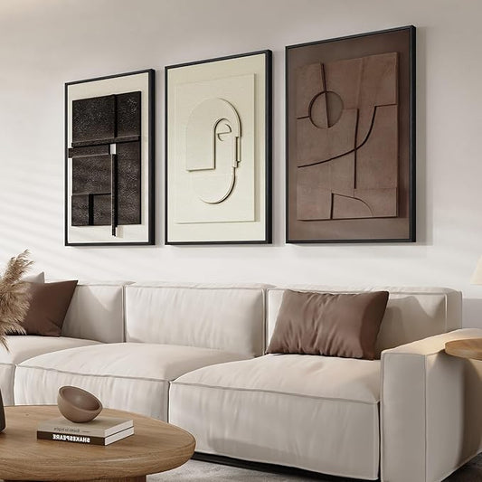 3D Textured Framed Abstract Wall Art, 3 Piece Modern Paintings Artwork for Walls, Black White Brown Geometric Sandstone Texture Pictures for Living Room Dining Room Bedroom Office Wall Decor 16x24 In