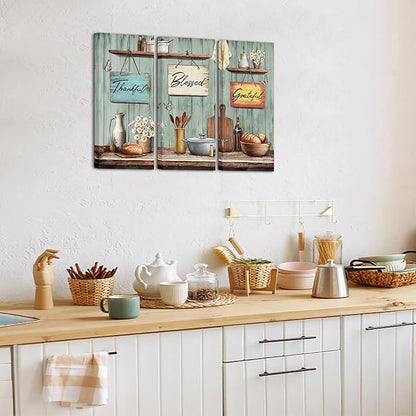 sechars Rustic Kitchen Wall Art Thankful Blessed Grateful Signs Decor Green Wood Background Rustic Fashouse Decor Set of 3