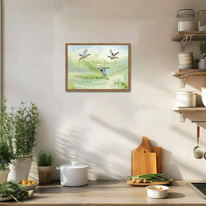 Vintage Mallard Duck Wall Art Cottagecore Flying Ducks Wall Decor Painting Rustic Bird Animal Landscape 3D Textured Hand Drawn Sandstone Artwork for Living Room Bedroom 16x24 inch Framed