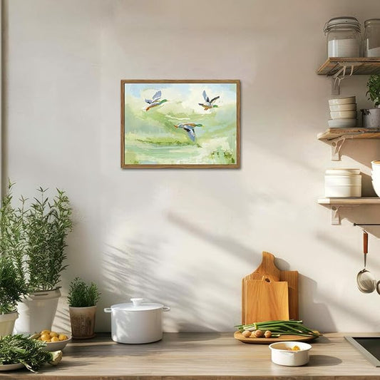 Vintage Mallard Duck Wall Art Cottagecore Flying Ducks Wall Decor Painting Rustic Bird Animal Landscape 3D Textured Hand Drawn Sandstone Artwork for Living Room Bedroom 16x24 inch Framed